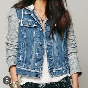 Free People Blue Jean Jacket with Gray Sleeves